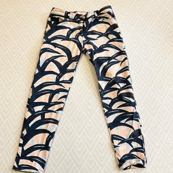 KENZO leaves print cotton trouser pants navy blue coral SZ40 waist 30in